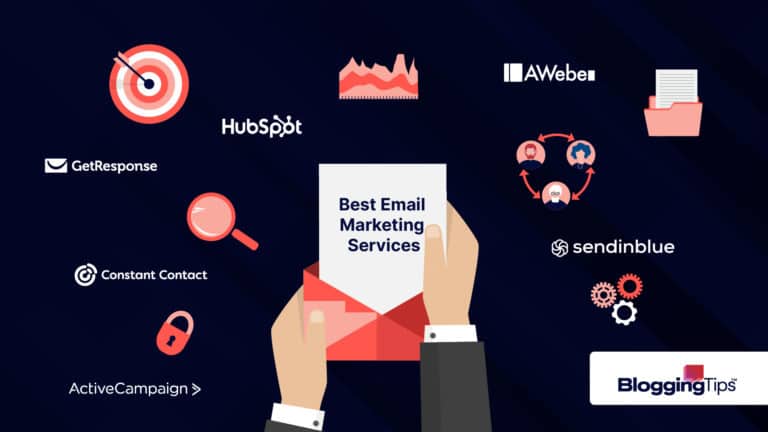 vector graphic showing a hand holding an envelope and surrounded by logos from the best email marketing platforms