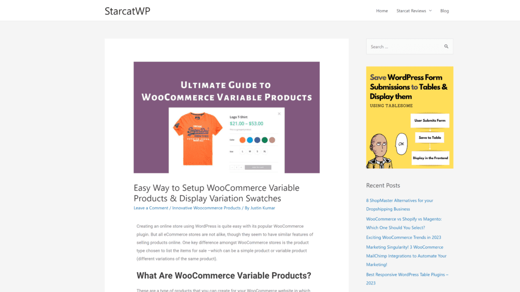 A screenshot of the woocommercevariableproduct homepage
