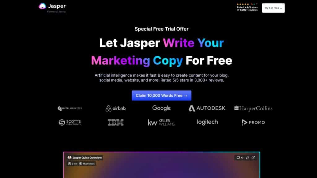 screenshot showing the jasper ai free trial landing page screen