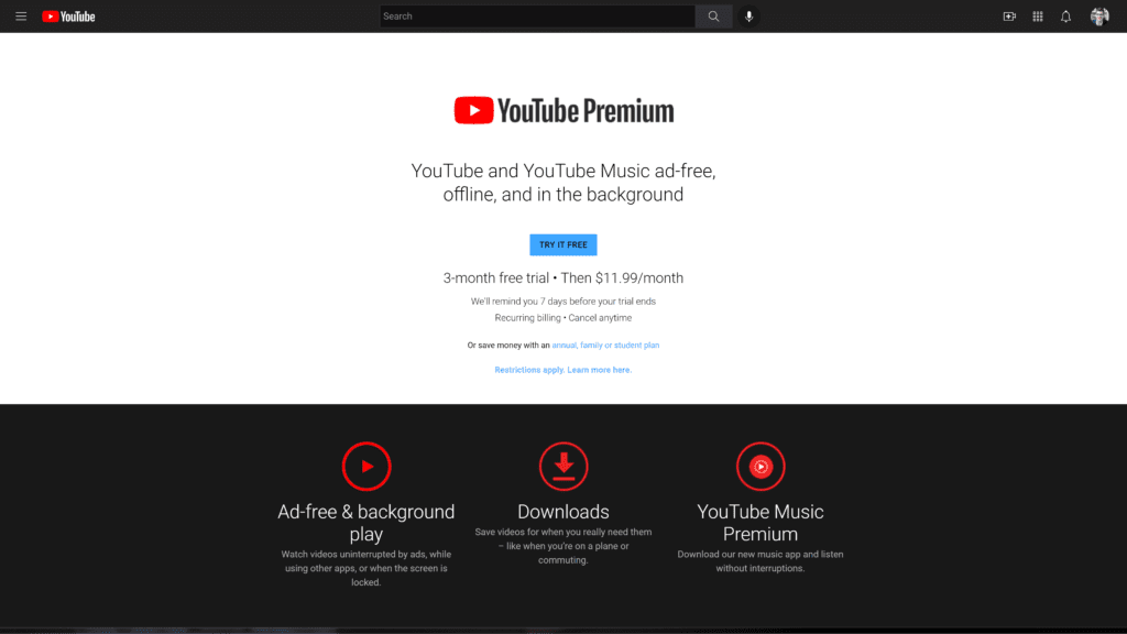 screenshot of the youtube premium homepage
