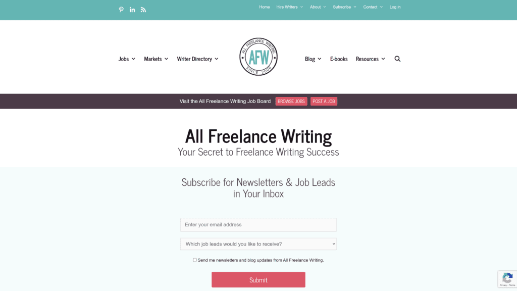 screenshot of the all freelance writing homepage