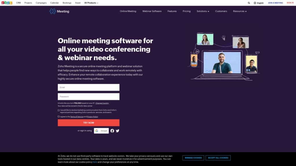 screenshot of the zoho meeting homepage