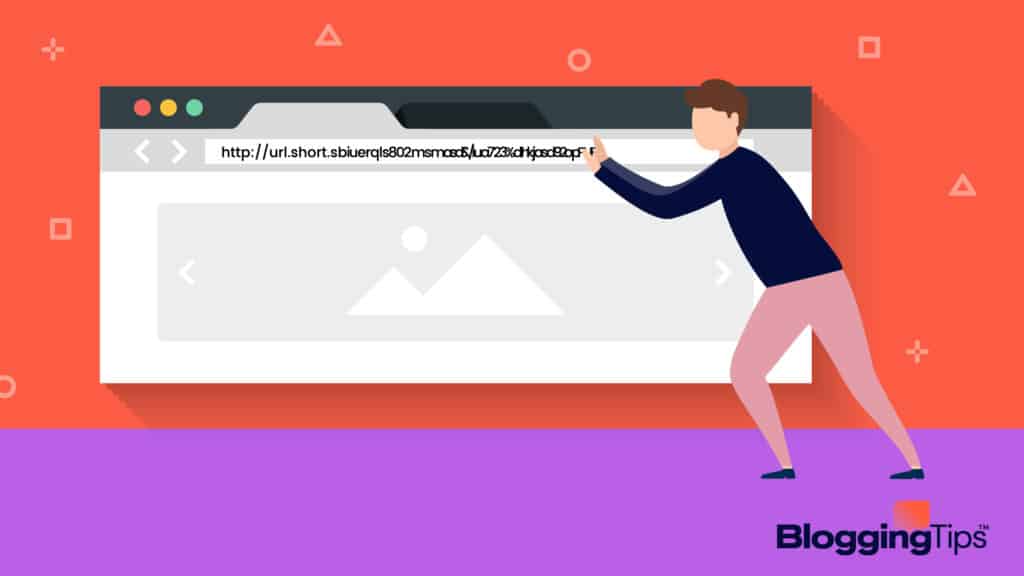 vector graphic showing a man pushing a long url in a browser bar shorter to illustrate a header image for the best url shortener post