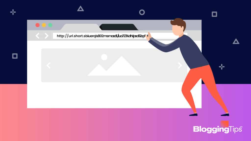 vector graphic showing a man pushing a long url in a browser bar shorter to illustrate a header image for the best url shortener post