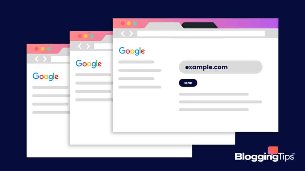vector graphic showing three generic browser windows with a google domain email on each of them