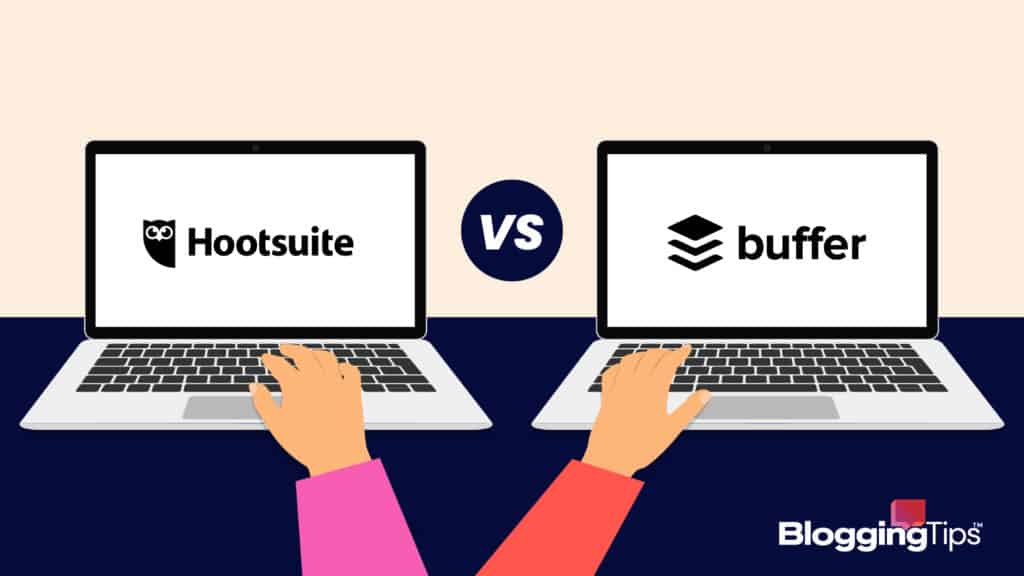 vector graphic showing a hootsuite vs buffer image - a hootsuite logo on one laptop screen and a buffer screen on another on laptops arranged side by side