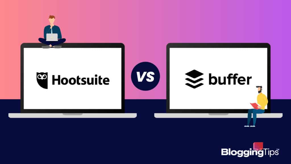 vector graphic showing a hootsuite vs buffer image - a hootsuite logo on one laptop screen and a buffer screen on another on laptops arranged side by side