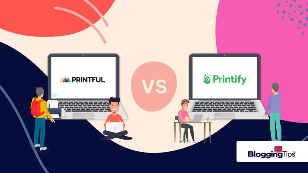 vector graphic showing the logos of printful vs printify on two computer screens arranged side by side
