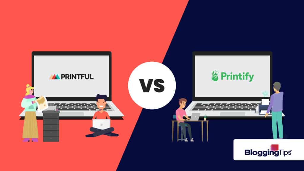 vector graphic showing the logos of printful vs printify on two computer screens arranged side by side