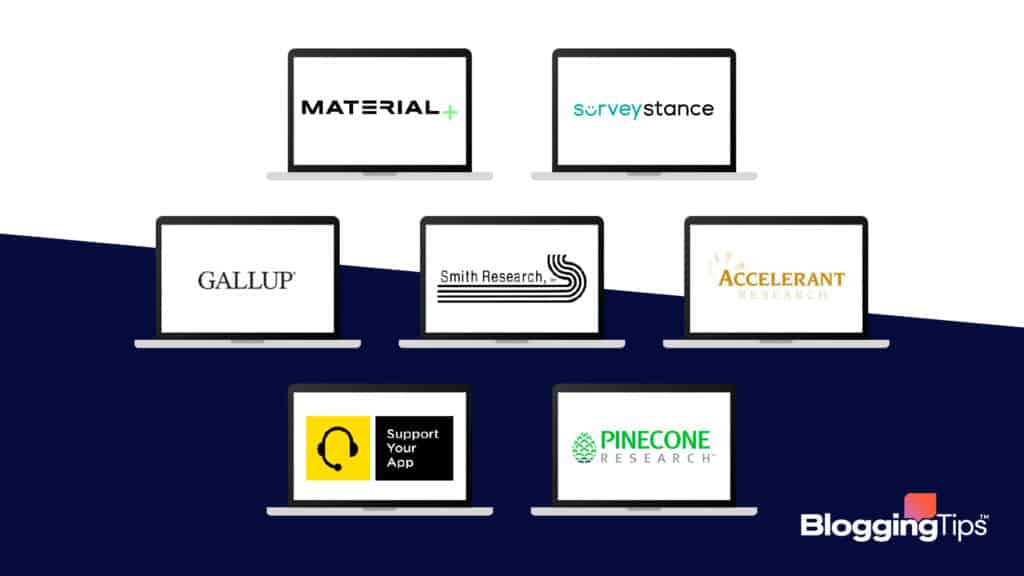 vector graphic of an image showing the logos of the best survey companies on laptop screens arranged side by side