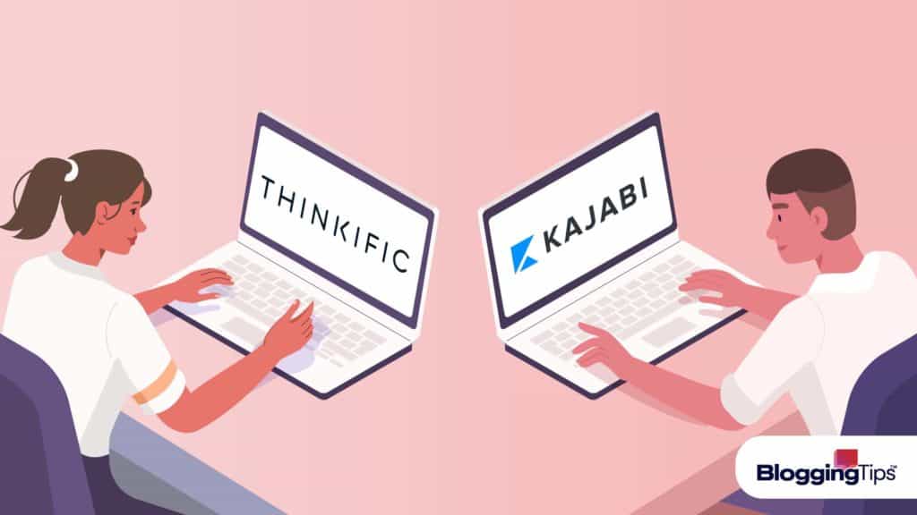 vector graphic showing thinkific vs kajabi - two laptops sitting side by side with the thinkific logo on one and the teachable logo on the other
