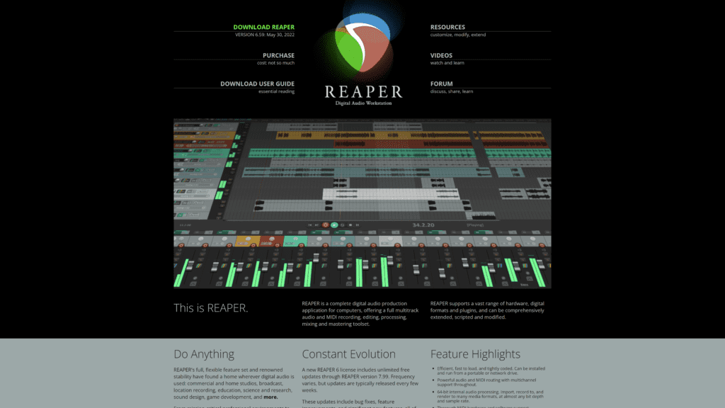 a screenshot of the reaper homepage