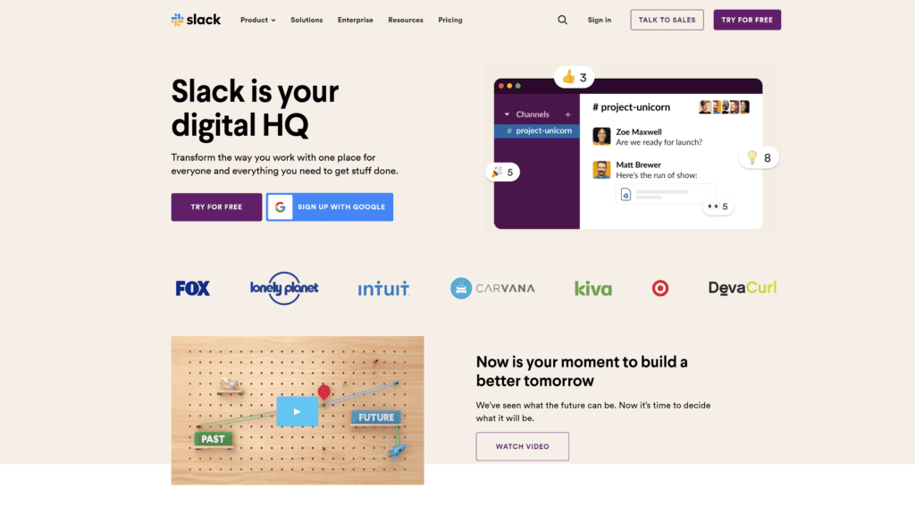 A screenshot of Slack Homepage