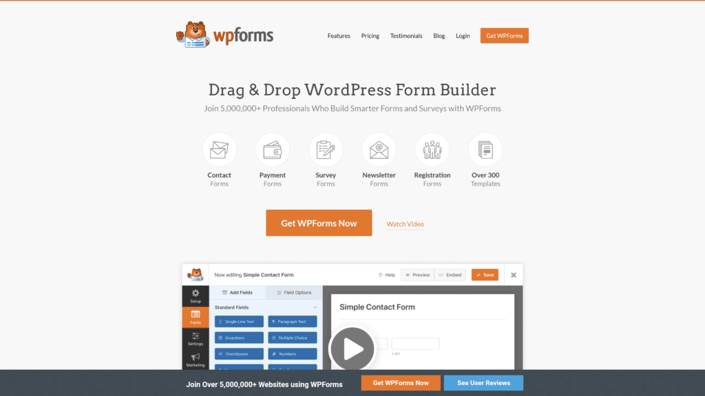 screenshot of the wpforms homepage