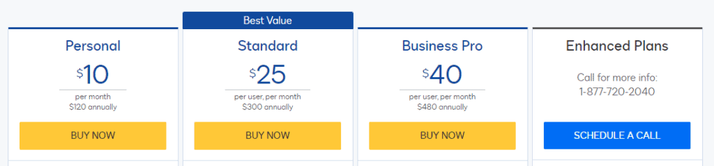 screenshot of the docusign pricing table