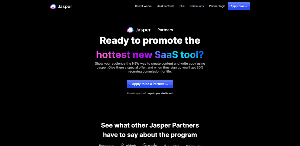 screenshot of the jasper affiliate program signup page