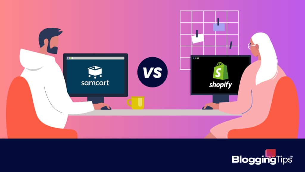 vector graphic showing an illustration of samcart vs shopify