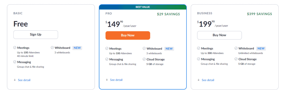 screenshot of the zoom pricing table