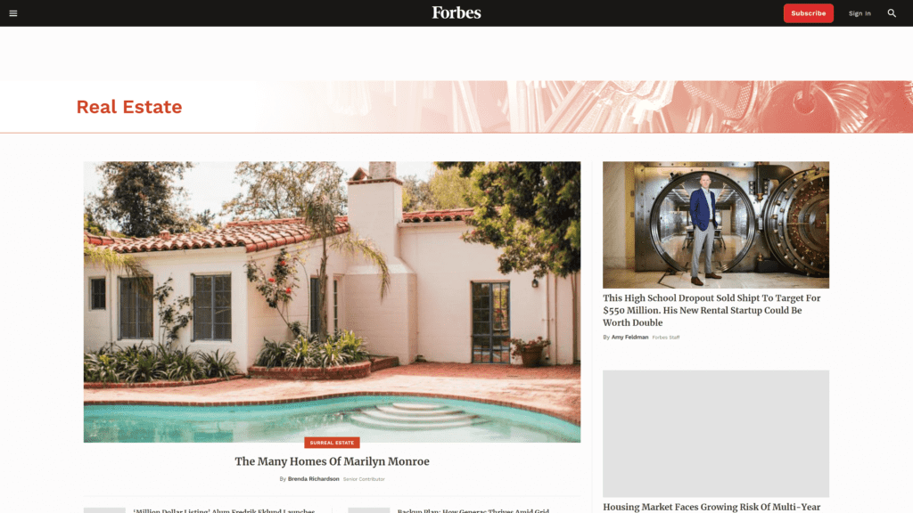 screenshot of the forbes real estate homepage