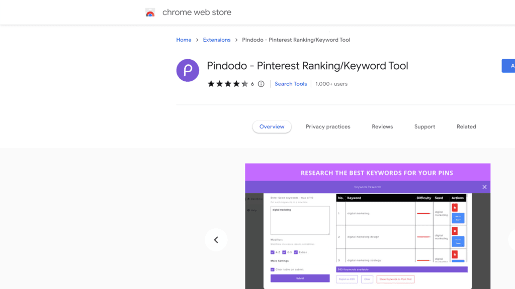 screenshot of the pinterest ranking/keyword tool homepage
