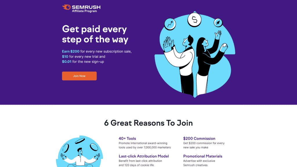 screenshot of the semrush affiliate program homepage