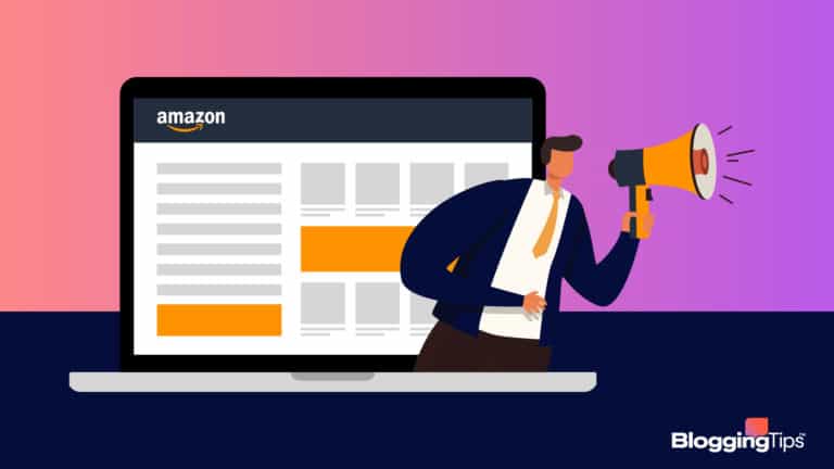 vector graphic showing amazon advertising on a computer screen, with a man holding a megaphone coming out of the screen