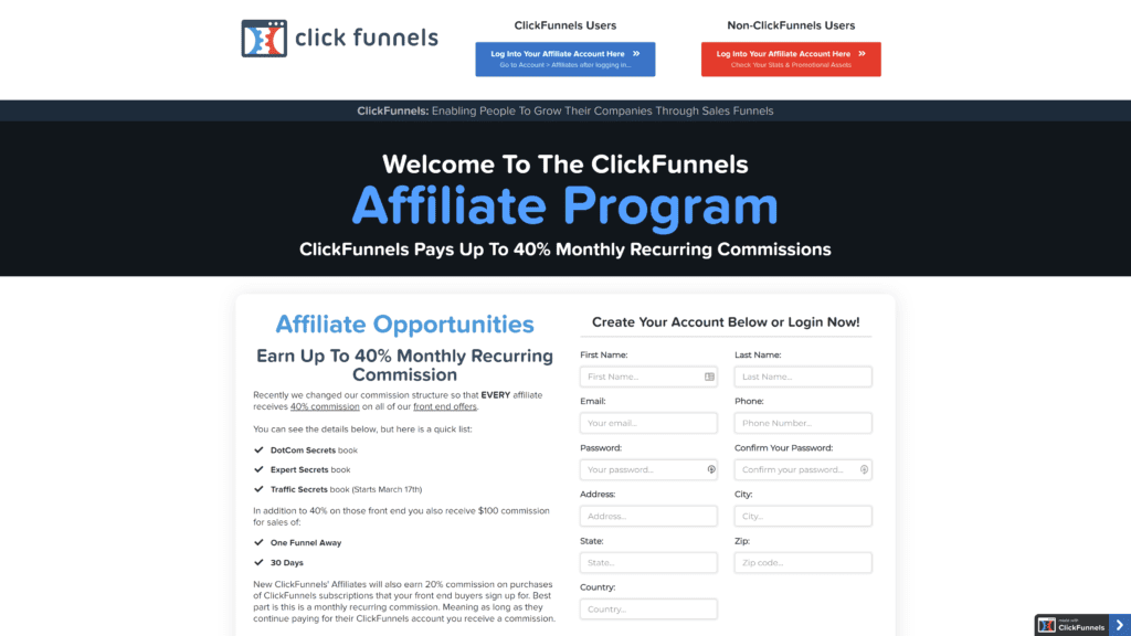 screenshot of the click funnels affiliate program homepage