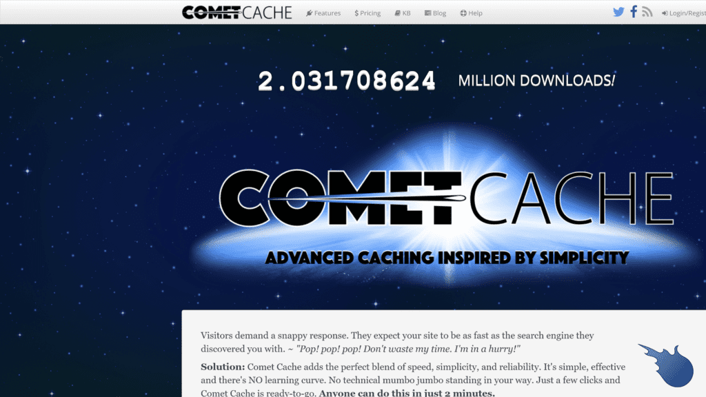 screenshot of the comet cache homepage