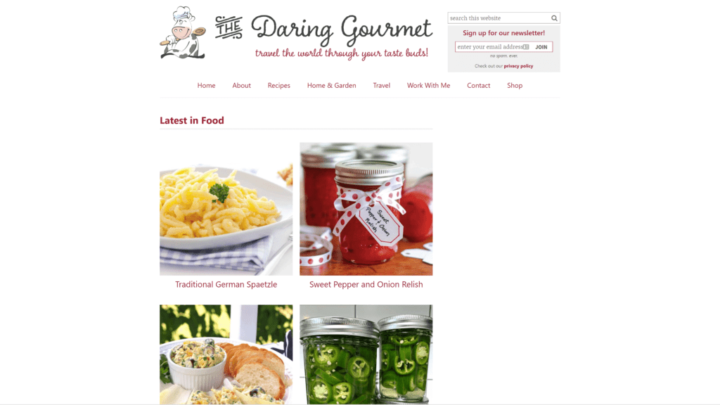 screenshot of the daring gourmet homepage