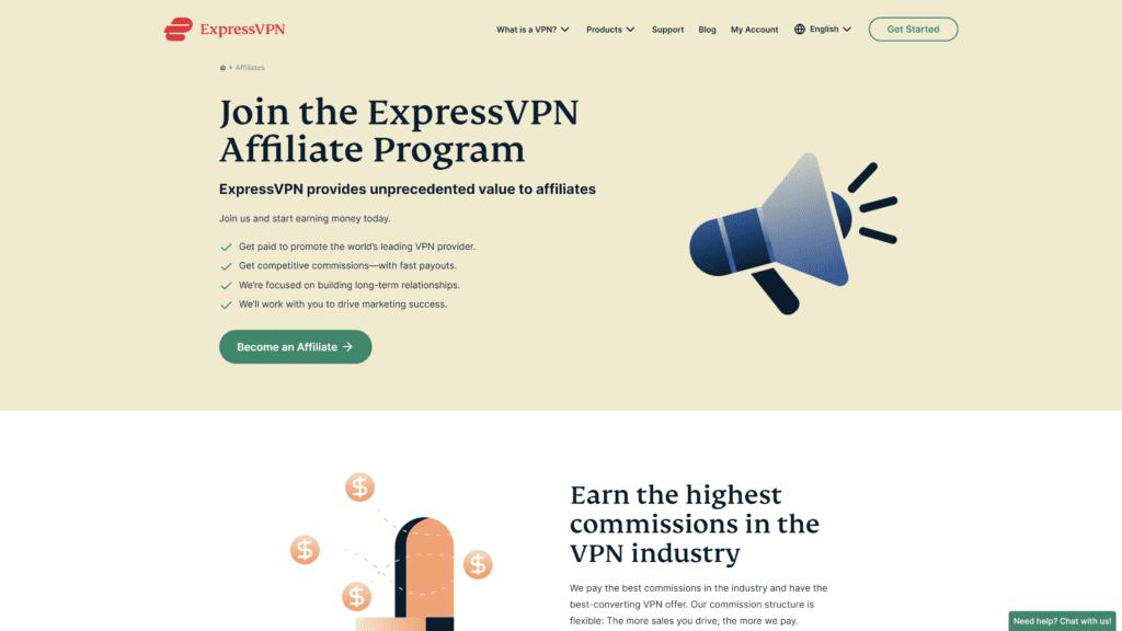 screenshot of the expressVPN affiliate program homepage