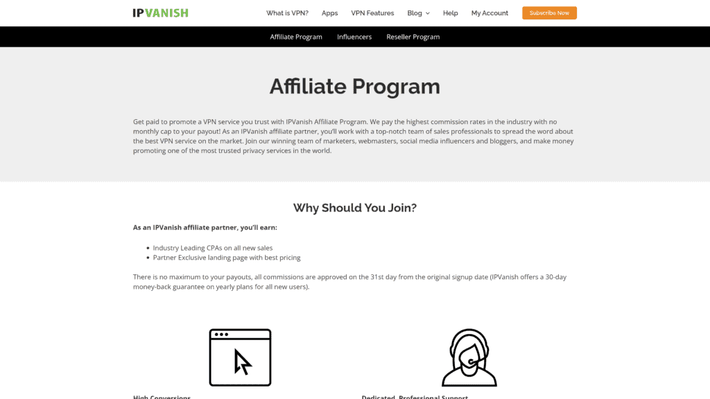 screenshot of the IPVanish affiliate program homepage
