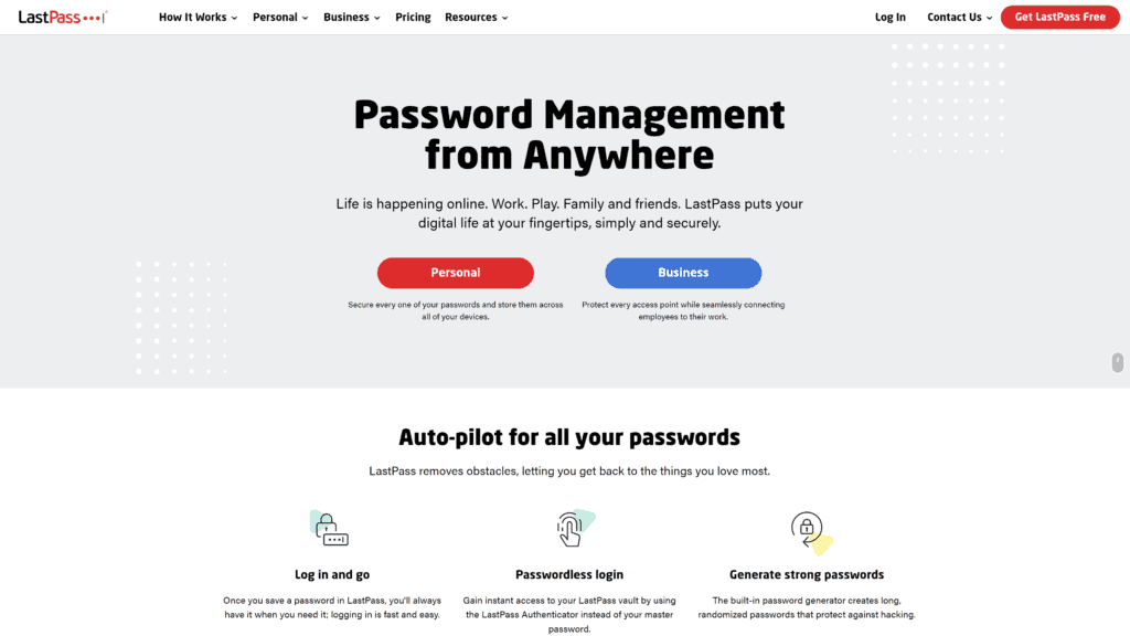 A screenshot of the Lastpass homepage