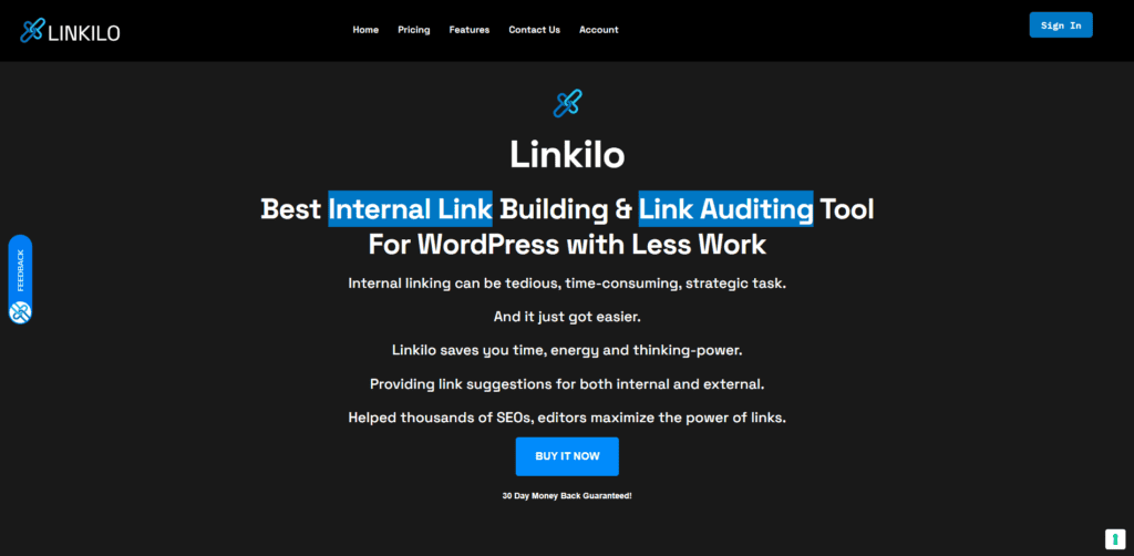 screenshot of the linkilo homepage