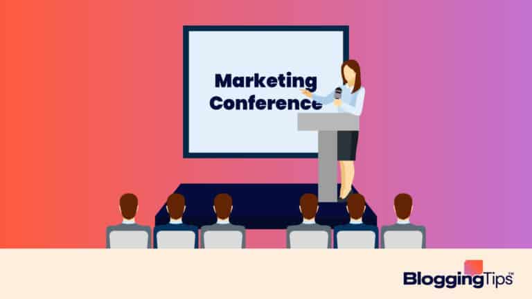 vector illustration of a woman talking at a podium in front of an audience to illustrate marketing conferences