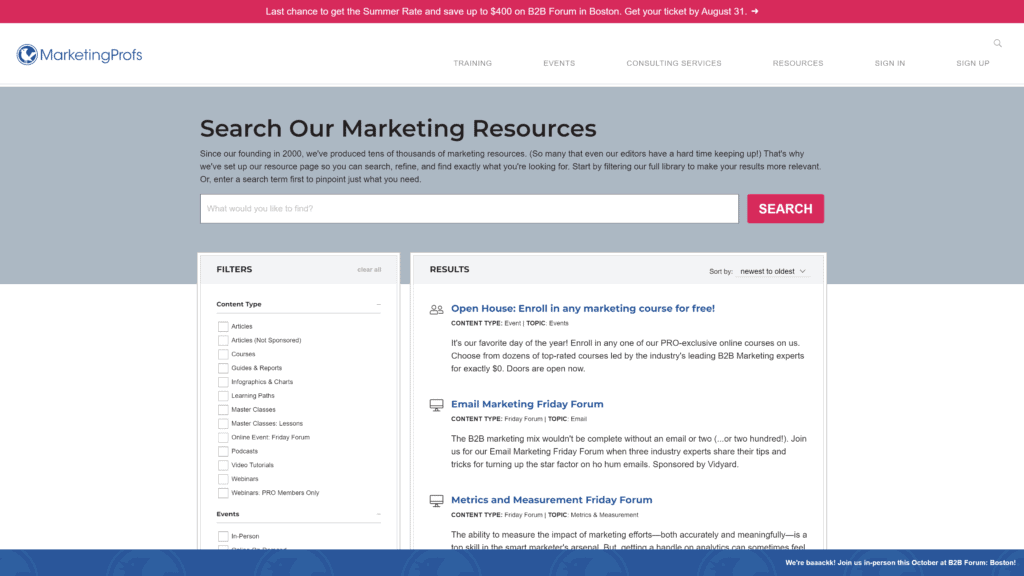 A screenshot of the Marketingprofs Homepage