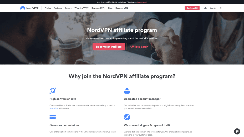 screenshot of the NORDvpn affiliate program homepage