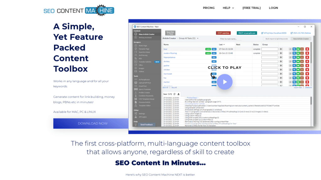 screenshot of the seo content machine homepage