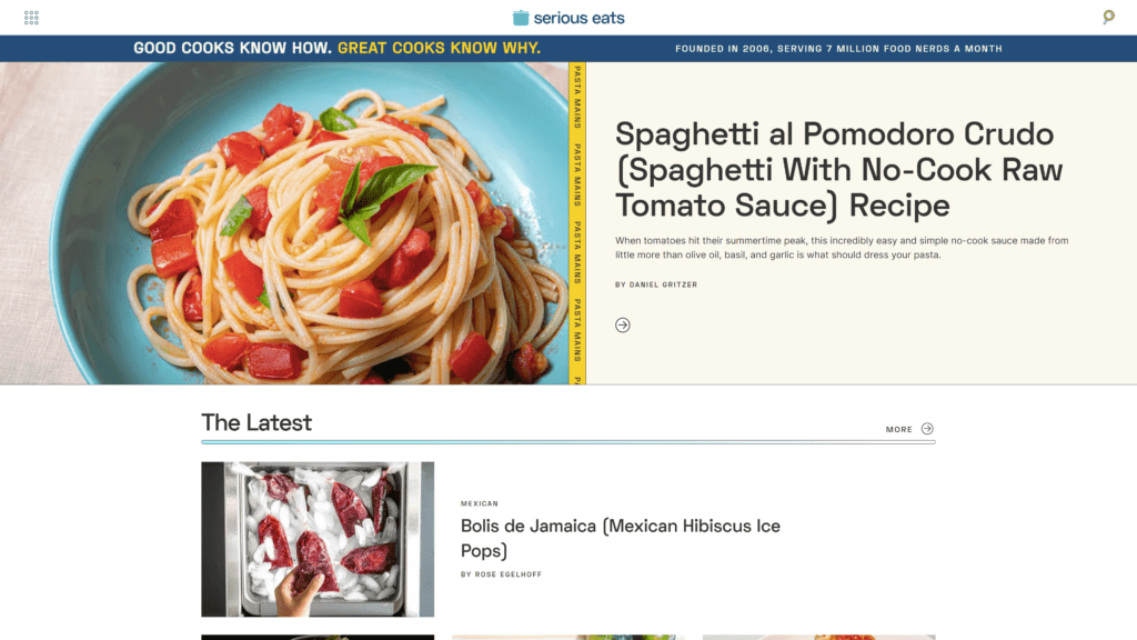 a screenshot of the serious eats homepage