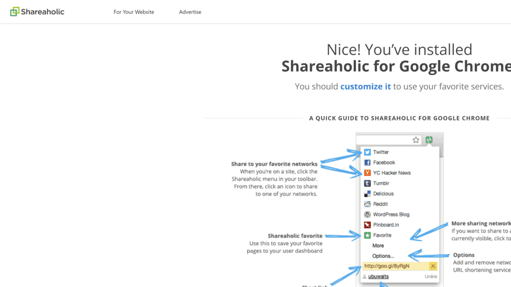 screenshot of the shareaholic homepage