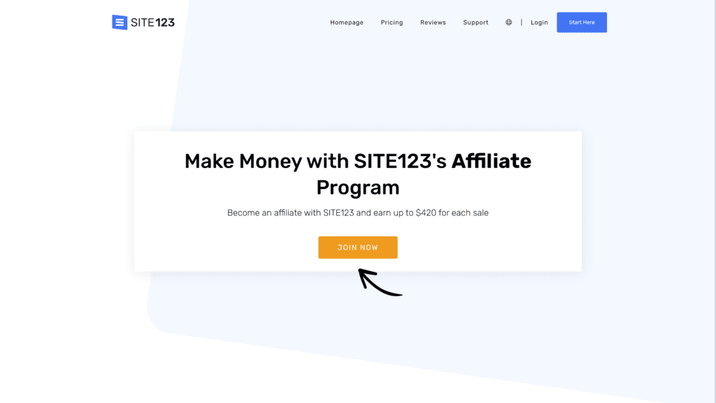 screenshot of the site123 affiliate program homepage