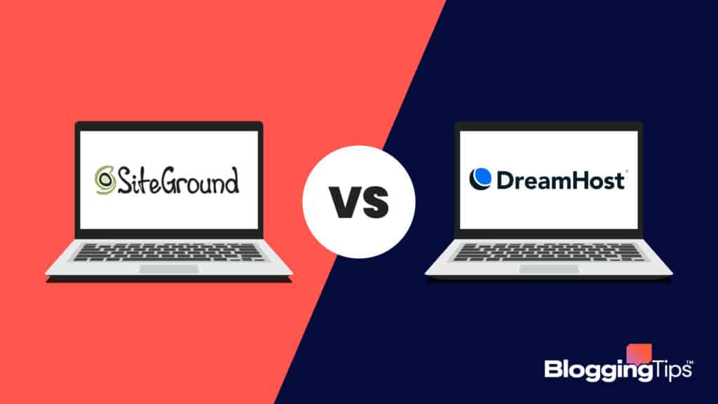 vector graphic showing an illustration of siteground vs dreamhost - computer screens running logos of both companies on the screen with 