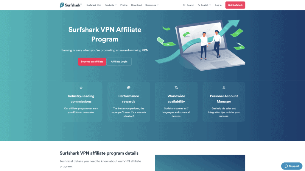 screenshot of the surfshark VPN affiliate program homepage
