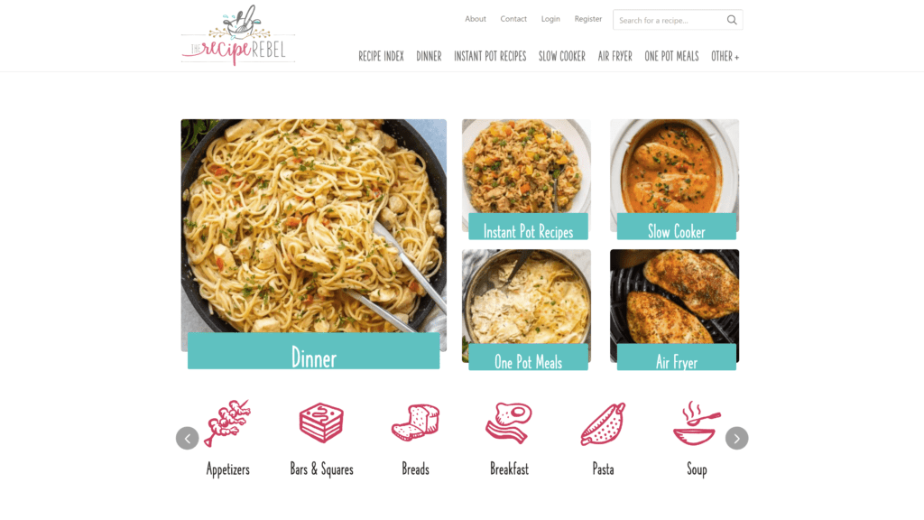 screenshot of the recipe rebel homepage