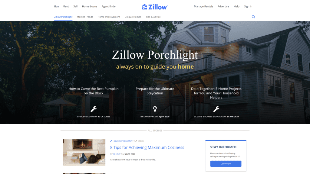 acreenshot of the zillow porchlight blog homepage