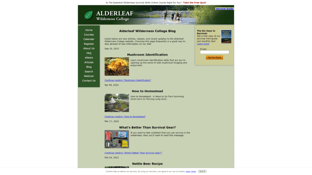 screenshot of th alderleaf wilderness college homepage