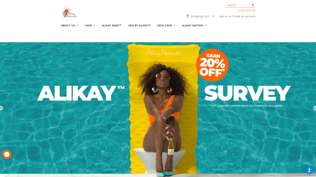 screenshot of the alikay naturals homepage