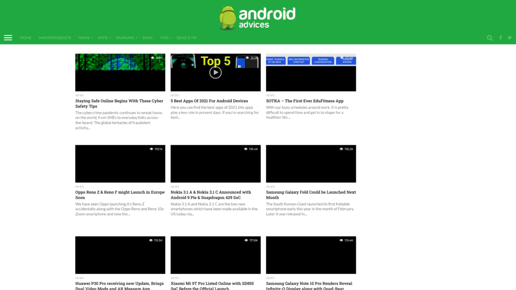 screenshot of the android advices homepage
