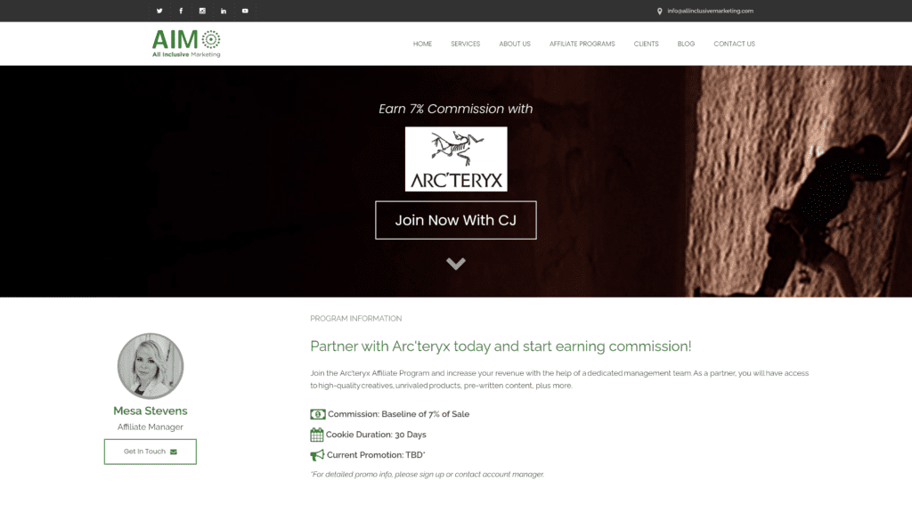Arcteryx Affiliate Program homepage screenshot 1