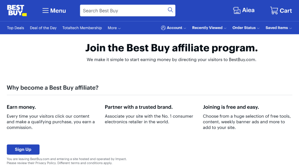 screenshot of the best buy affiliate program homepage