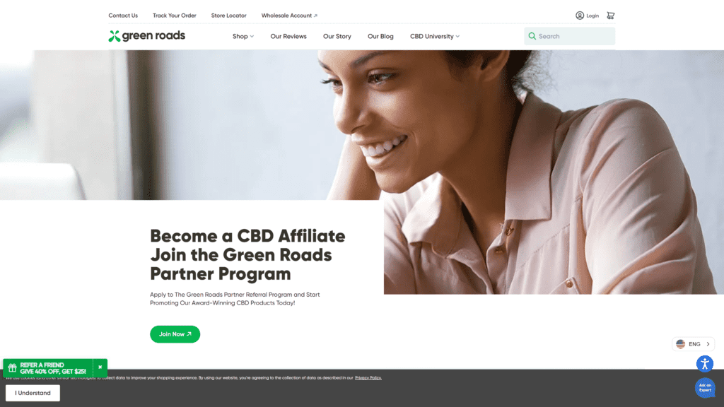 screenshot of the green roads homepage